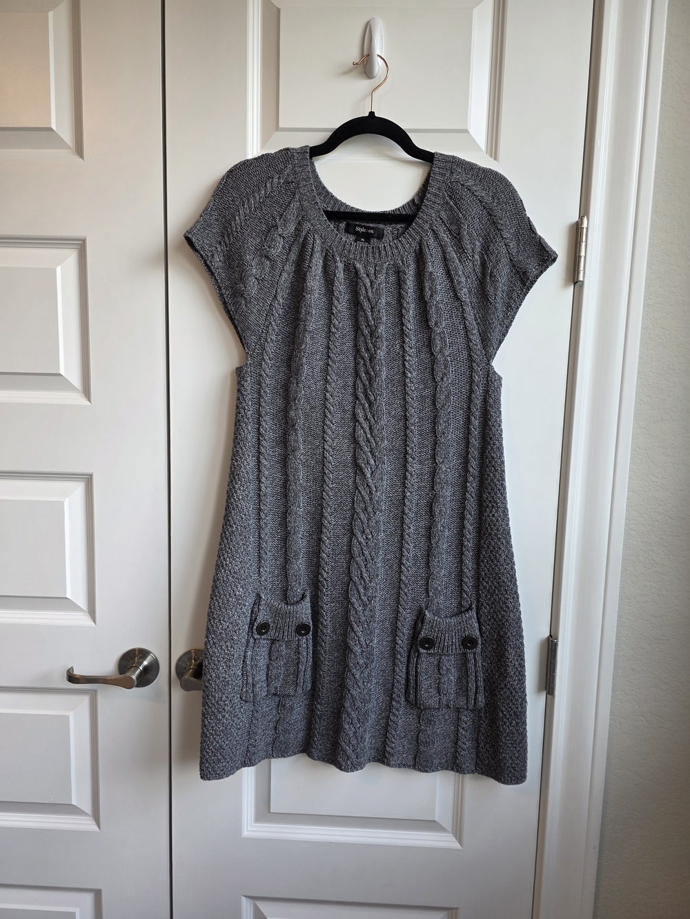Style & Co Gray Cable Knit Sweater Dress XL Short Sleeve Pocket Tunic